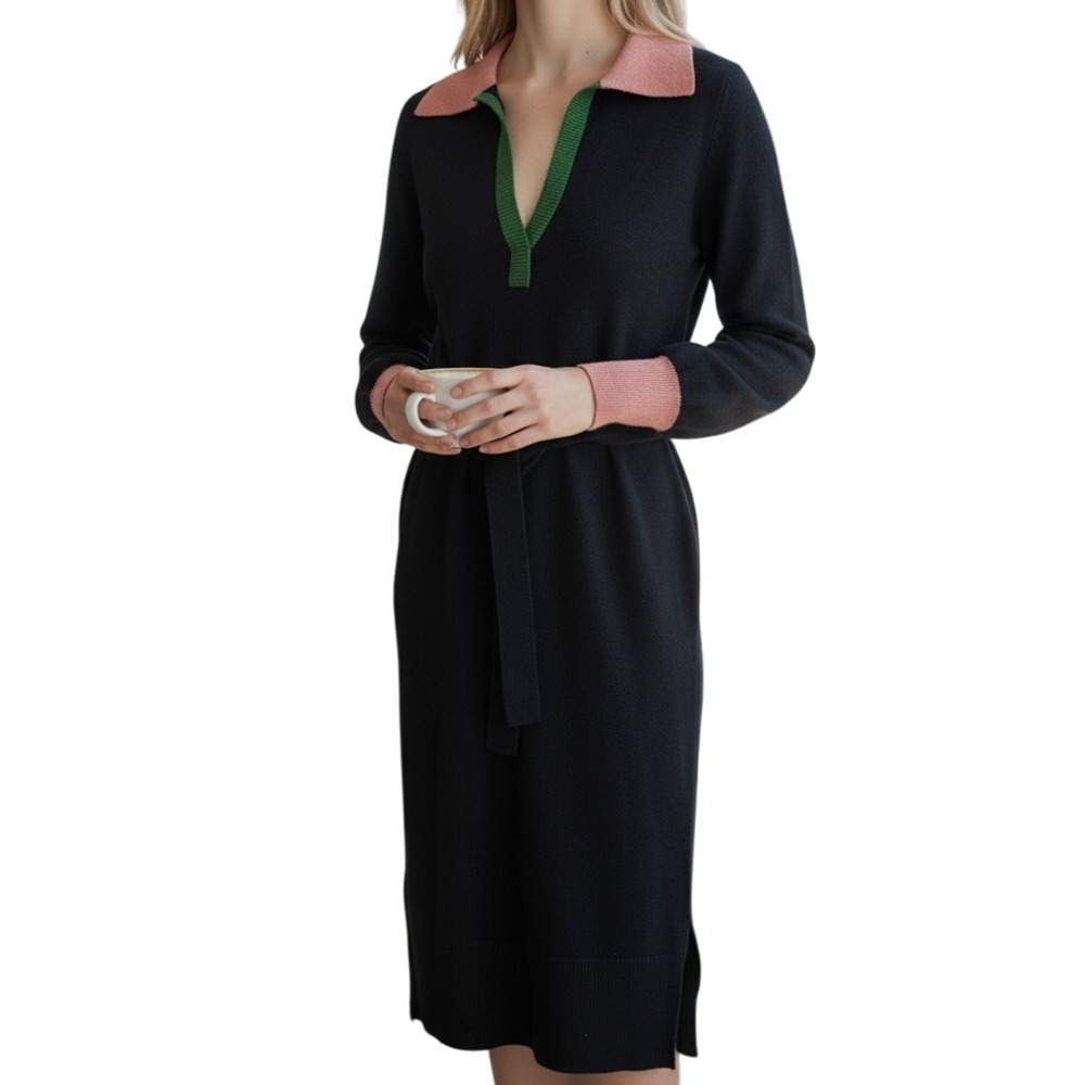 BODEN Navy Knit Sweater Dress Pink Green L/S Belted Wool Blend NWT Size 4